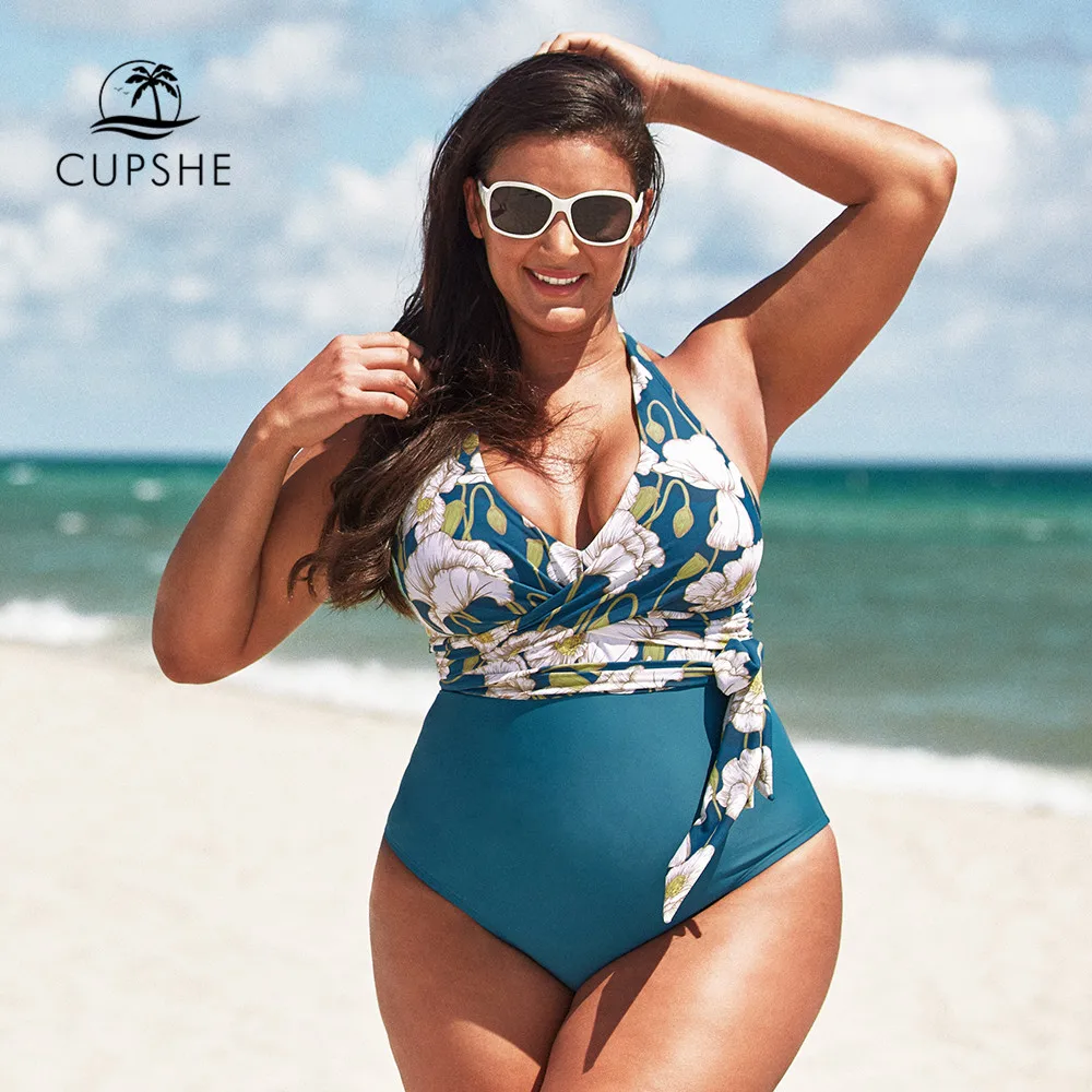 CUPSHE Plus Size Halter V-neck Side Tie One Piece Swimsuit For Women Large Size Sexy Monokini Bathing Suit 2022 Beach Swimwear