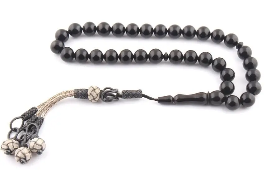Natural Jet Stone Prayer Bead With Silver Tassel Men Rosary Islamic Tasbih With Kazaziye Tassel 1000 Sterling Silver
