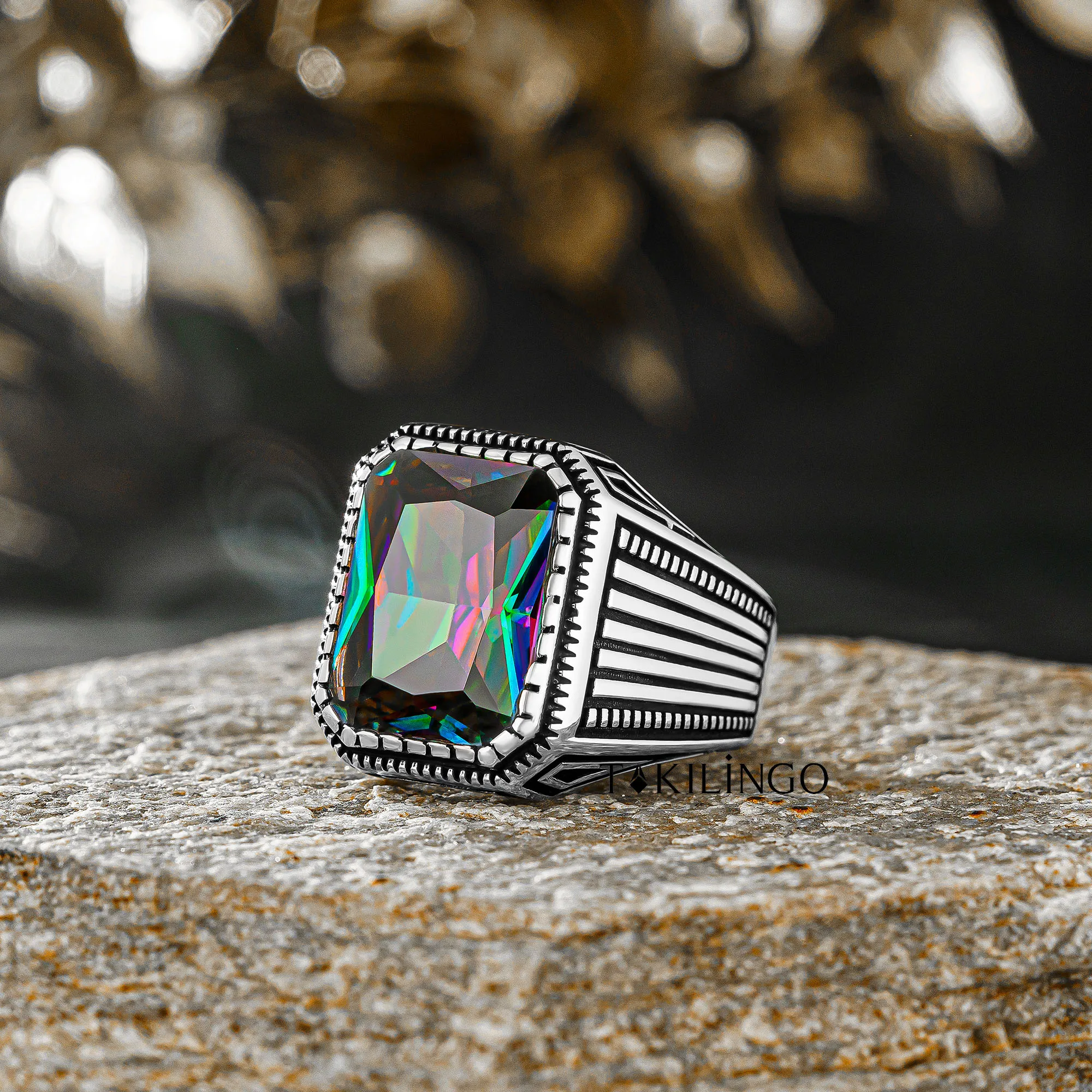 Elegant Design Solid 925 Sterling Silver Rectangle Mystic Topaz Men's Ring Business High Quality Handmade Jewelry Gift For Him