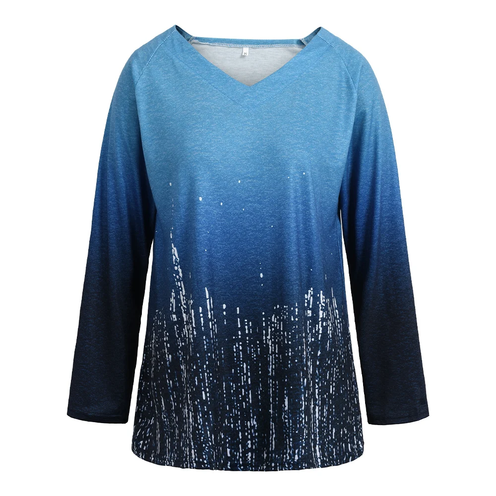 

Fashion Autumn Winter Women's Tops Gradient Tie-Dye Color Long Sleeve Loose V Neck Casual T-Shirt Oversized Blosue Tunic M L 2XL