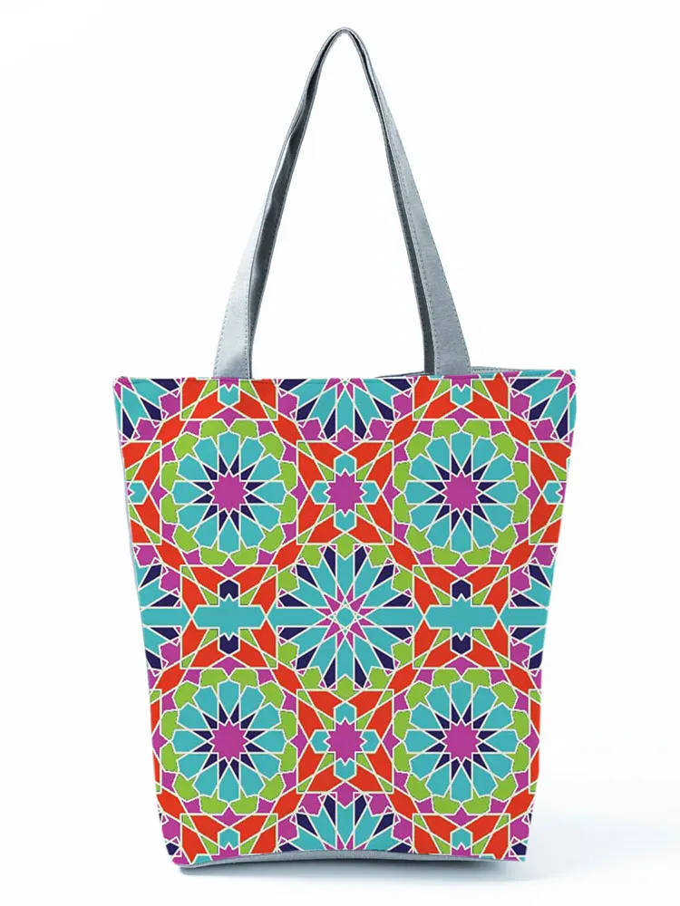 

Colorful Geometric Floral Pattern Print Shoulder Bag Ladies Fashion All-Match Beach Bag High Capacity Shopping Bag Portable Tote