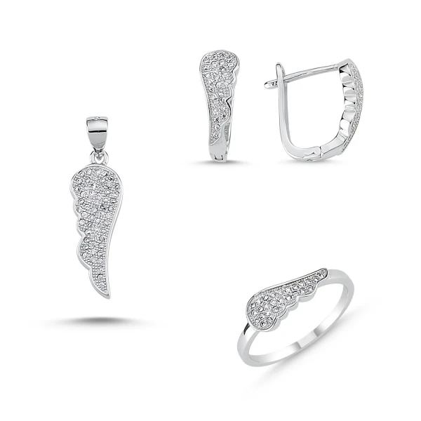 

Silver 925 Sterling Zircon Wing Set: Ring, Earring and Pendant