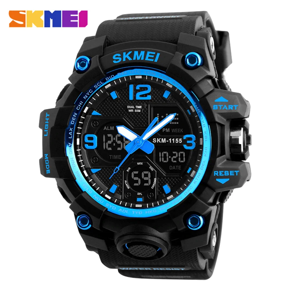 Blue SKMEI 1155B кварцевые мужские часы цифровые электронные мужские часы модные повседневные спортивные мужские наручные часы водонепроницаемые - Цвет: Blue