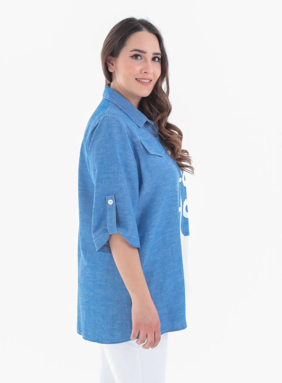 

Roxxlen Women Summer Fashion Plus Size Printed Blue Shirt