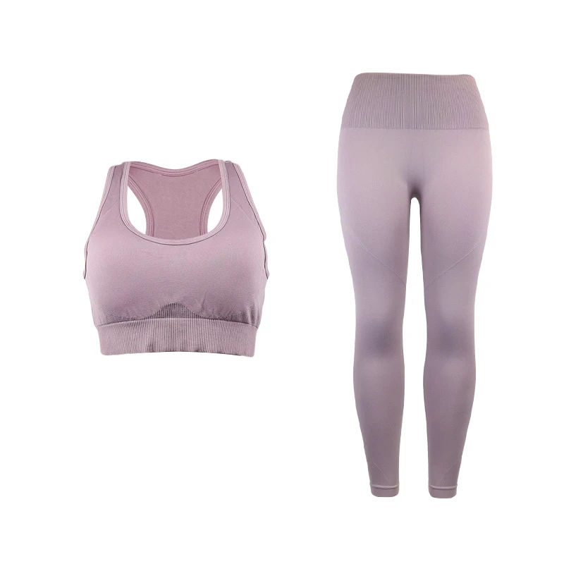 light purple Бесшовный комплект из 2 предметов с высокой талией для йоги, женская одежда для фитнеса, спортивный костюм для бега, занятий спортом, эластичный лифчик, штаны - Цвет: light purple