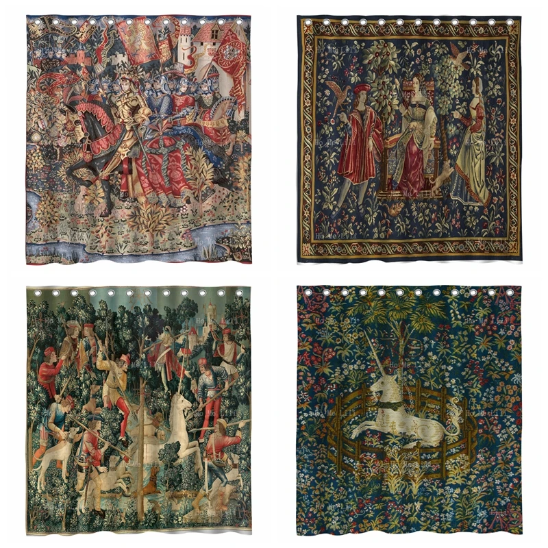 

Waterproof Farbic King Arthur And His Knights Medieval Legend Captive Unicorn Hunt Mille Fleurs Shower Curtains By Ho Me Lili