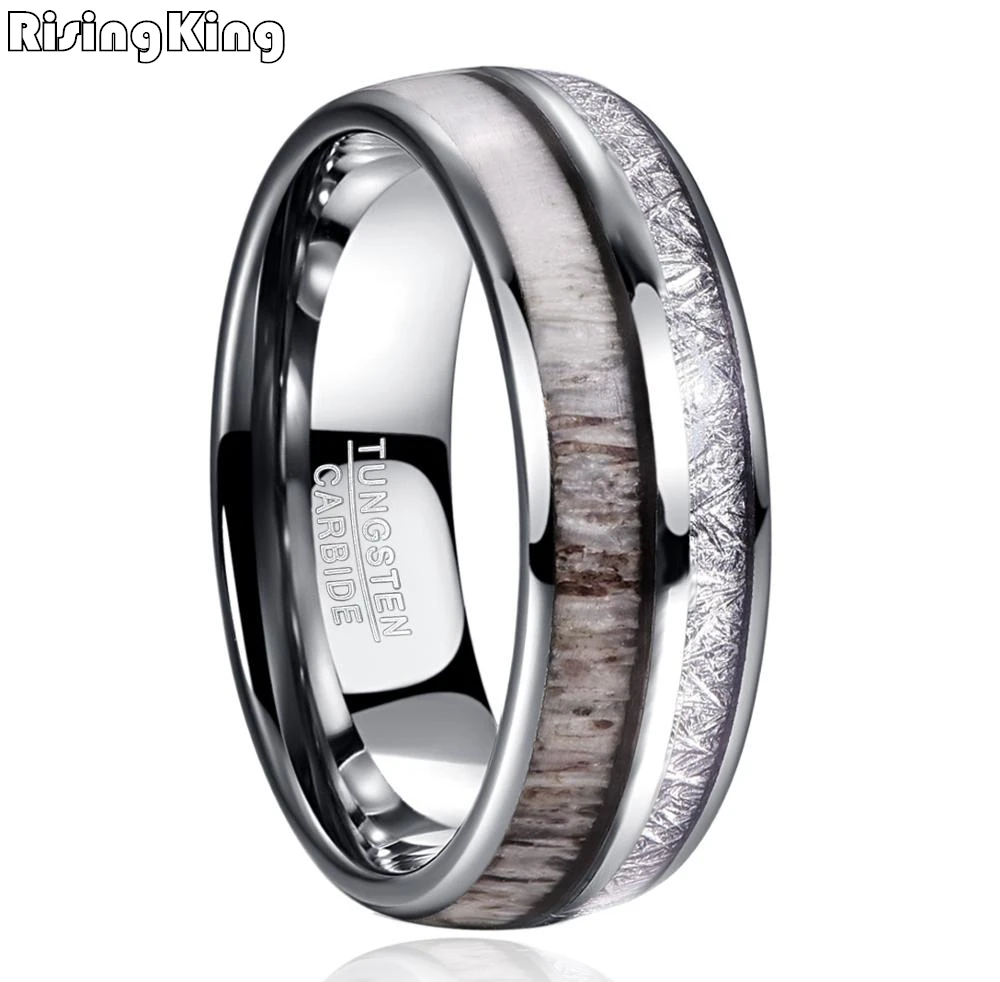 Кольцо из карбида вольфрама с инкрустацией оленя и метеорита|Обручальные кольца|