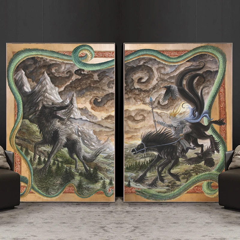 

Norse Mythology Gods Canvas Painting Wall Art Retro Crow Dragon Loki Myth Posters And Prints For Living Room Home Decor Cuadros