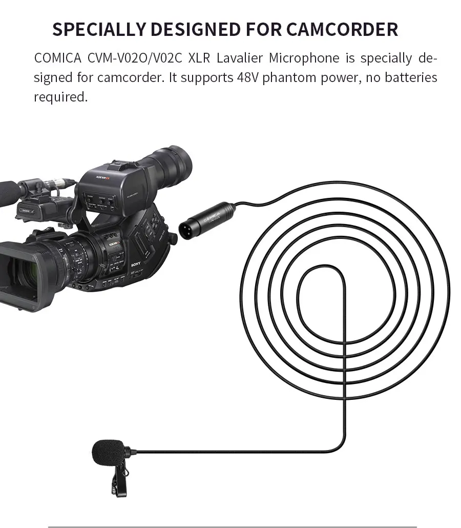 Comica CVM-V02O Omni XLR Lavalier Microphone Phantom Power Lapel Mic for Canon for Sony for Panasonic Camcorders Video Recording