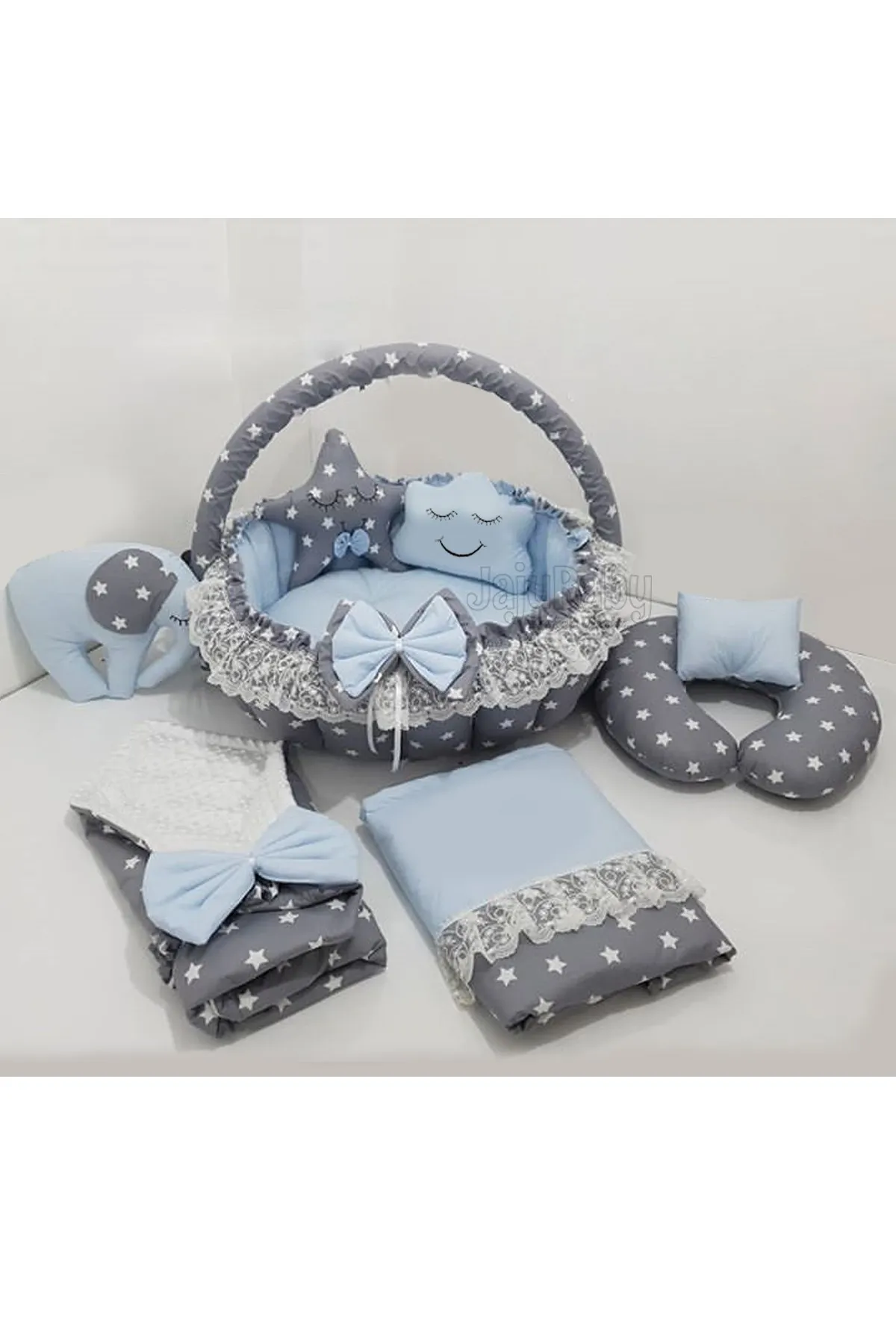 Jaju Baby Gray Star Blue Design Luxury Play Mat Babynest 8 Piece Set