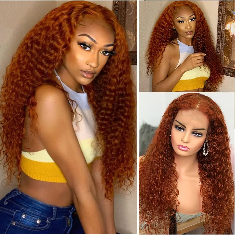 Biena Ginger Curly Closure Wig Orange Deep Wave 4x4x1 T Part Swiss Lace Front Brazilian Remy Human Hair Wigs For Black Women