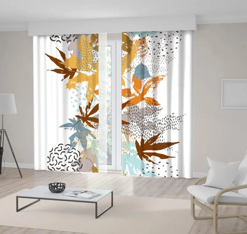 

Curtain Falling Leaves Ink Doodle Abstract Fall Pattern in Retro Colors Creative Floral Artwork Brown Yellow Gray