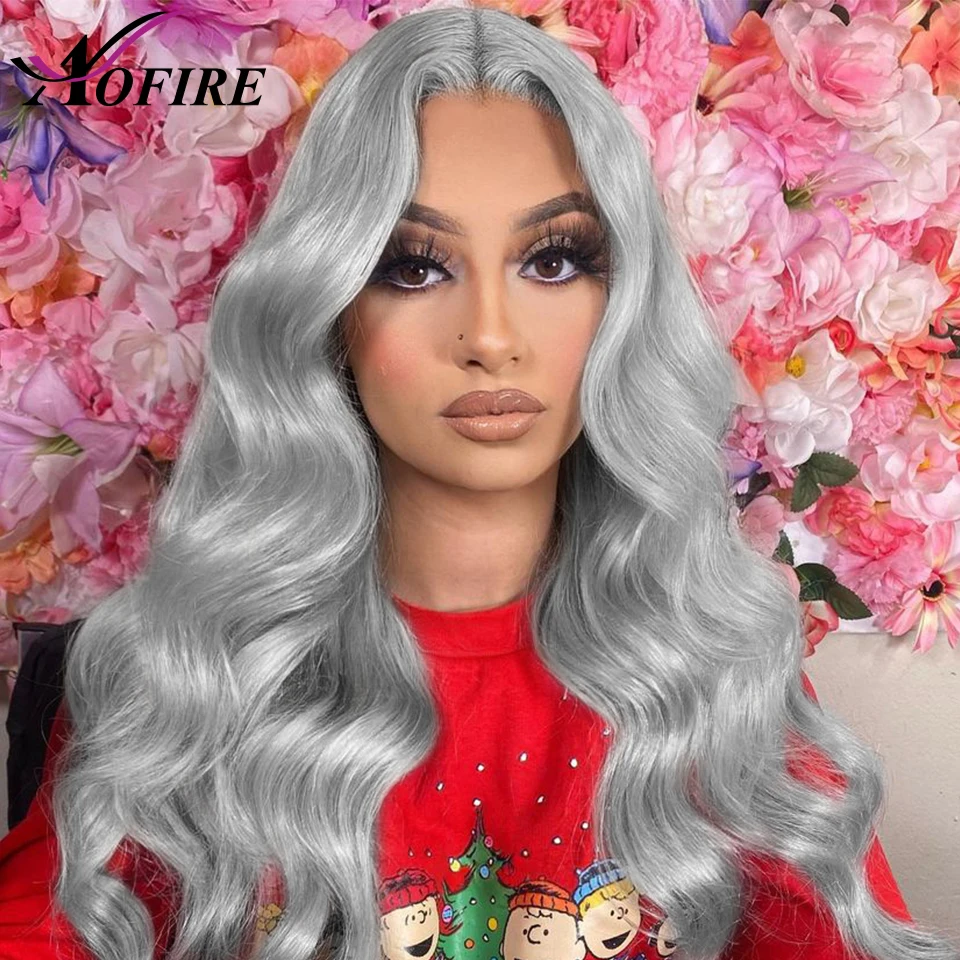 Grey Body Wave Human Hair Wigs For Women HD Transparent Lace Frontal Wig Silver Front 200 Density | Шиньоны и парики