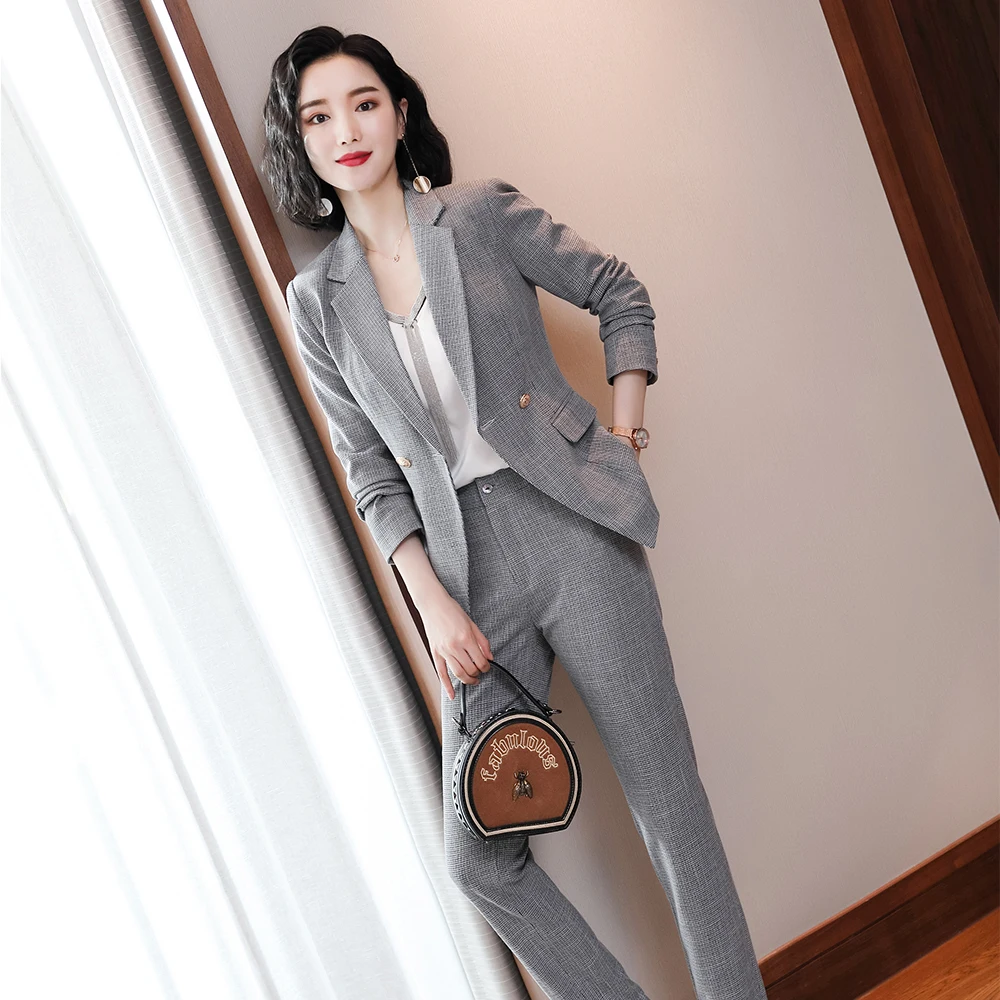 

office lady elegant work pant suit fashion women girl single breasted S-4XL pink gray green plaid blazer and pant 2 piece set