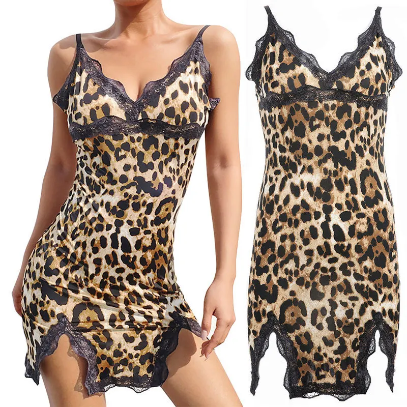 

Leechee New Leopard Print Sexy Lingerie Plus Size Nightgown Lace Suspender Nightdress Comfortable Women's Fashion Underwear