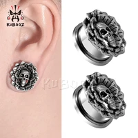 kubooz unique stainless steel flower skull head ear plugs tunnels stretchers body piercing jewelry earring gauges expanders 2pcs