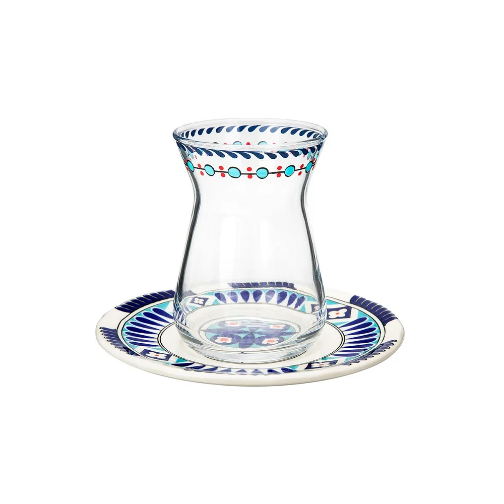 

Karaca Mai Classic Design Blue Red Seljuk Series Glass Cup Drinkware 12 Piece Tea Set