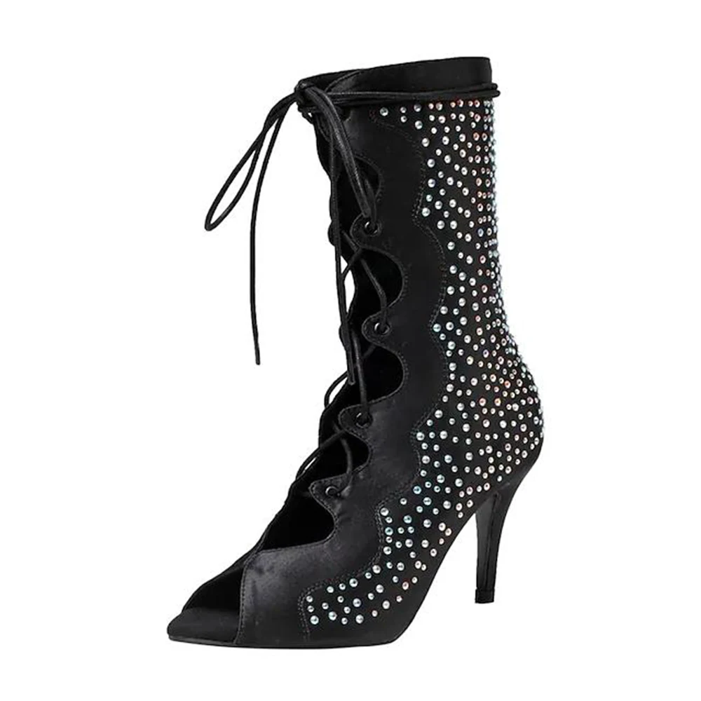 Sparkling luxury women's  rhinestone dance shoes boots  Lace Up Ballroom Latino Dance Shoes For Girls Salsa Ankle Dancing Shoes
