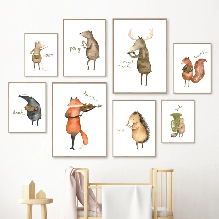 

Wall Art Canvas Painting Cute Cartoon Animal Violin Watercolor Nordic Posters And Prints Wall Pictures Kids Room Nursery Decor
