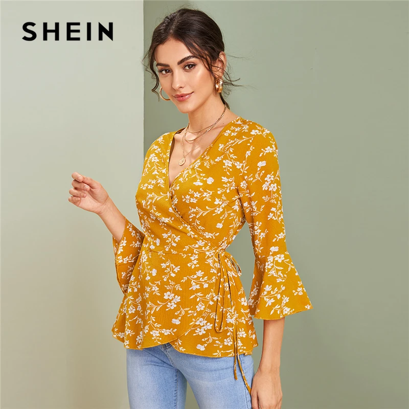 SHEIN V шеи Ditsy цветочный принт Узелок Бохо Вязаная блуза с запахом женские топы осенний праздничный рукав-Волан дамские облегающие блузки