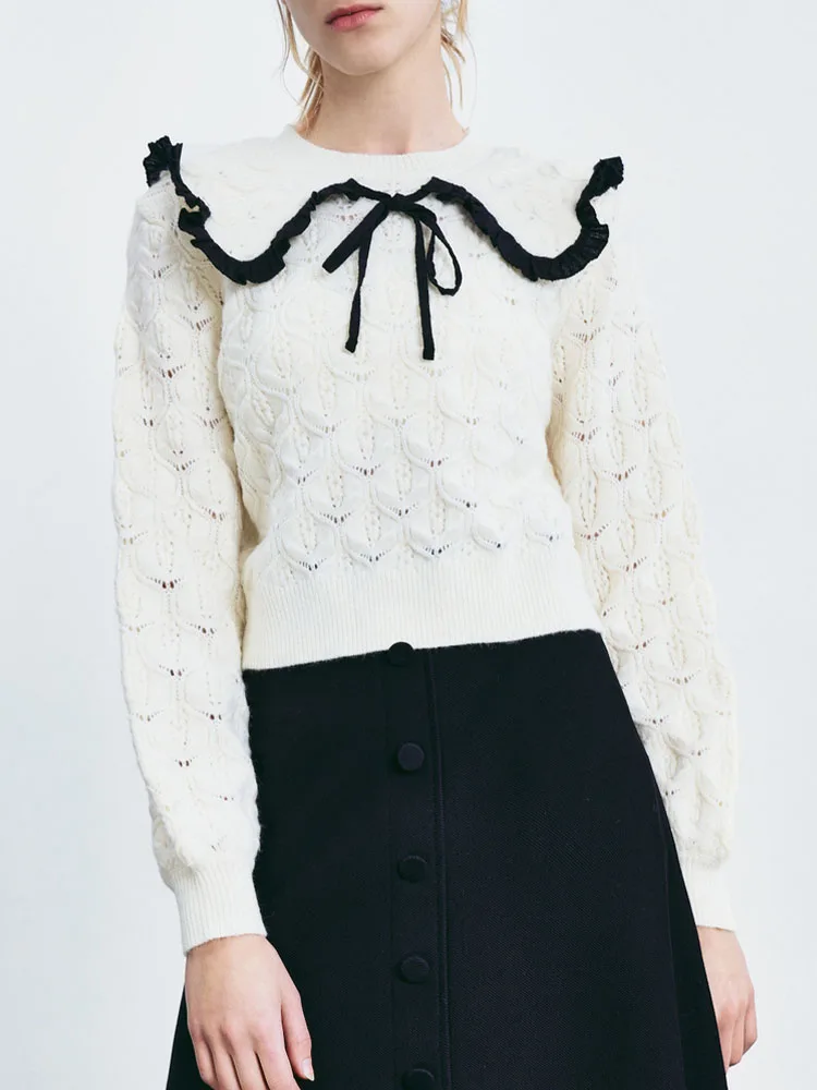 

2022 Spring New Products Women's Sweet Temperament Casual Style Contrast Color Hollow Soft Textured Doll Collar Knitting