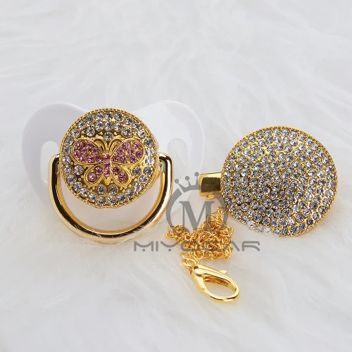 MIYOCAR, золотой, горный хрусталь, розовый, блестящий, Бабочка, bling, соска и пустышка, зажим, набор, соска, держатель цепи, BPA fress, безопасный APBF - Color: APBF-2  0-6m
