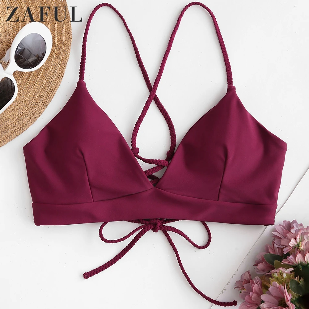 

ZAFUL Maroon Braided Straps Lace Up Bikini Top For Women Solid Spaghetti Straps Bikini Bra Summer Swimwear Tops Female Fashion