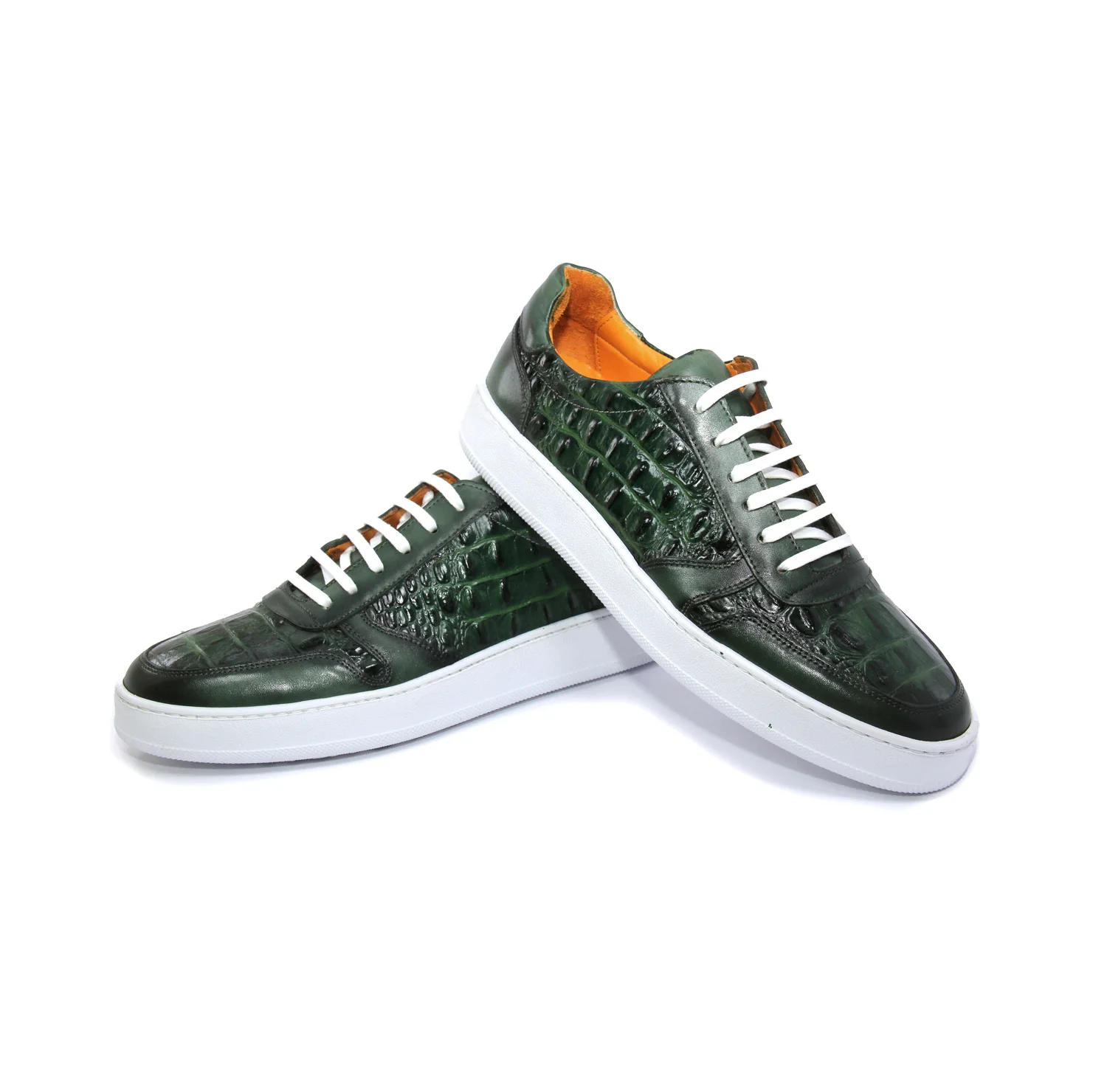 

Handmade Green Sport Sneakers Ralistic Croco Imitation Leather, Natural Calf Skin, Alligator Crocodile Men's Lightweight Shoes