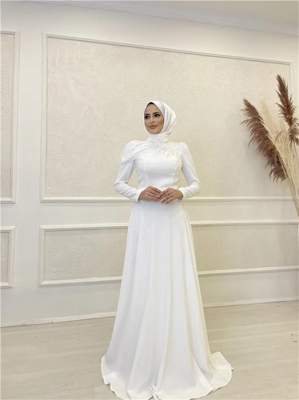 

Женское атласное свадебное платье It's yiiya, белое платье трапециевидной формы с высоким воротом, расшитое бисером, в арабском стиле на лето 2019