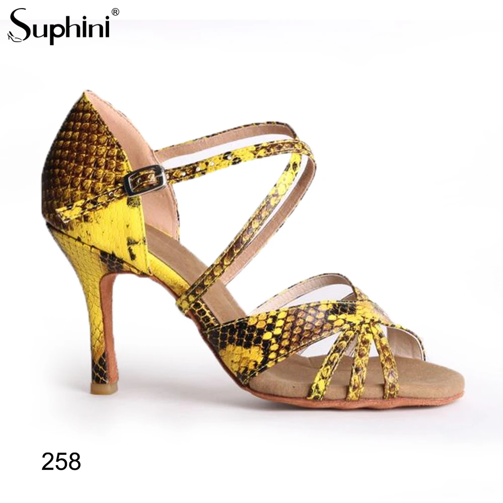 Женские танцевальные туфли Suphini желтые на высоком каблуке с принтом змеиной кожи