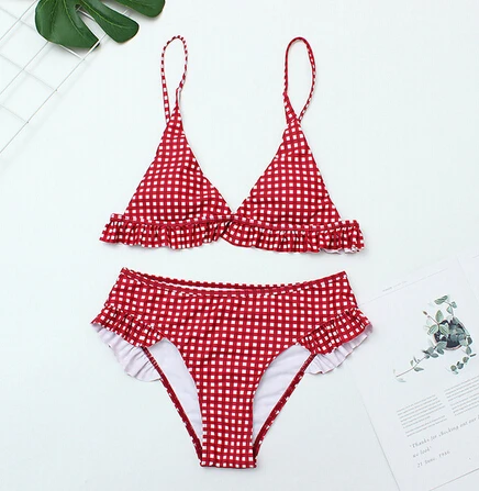 Купальник женский в клетку с чашками пуш-ап и завышенной талией | Спорт