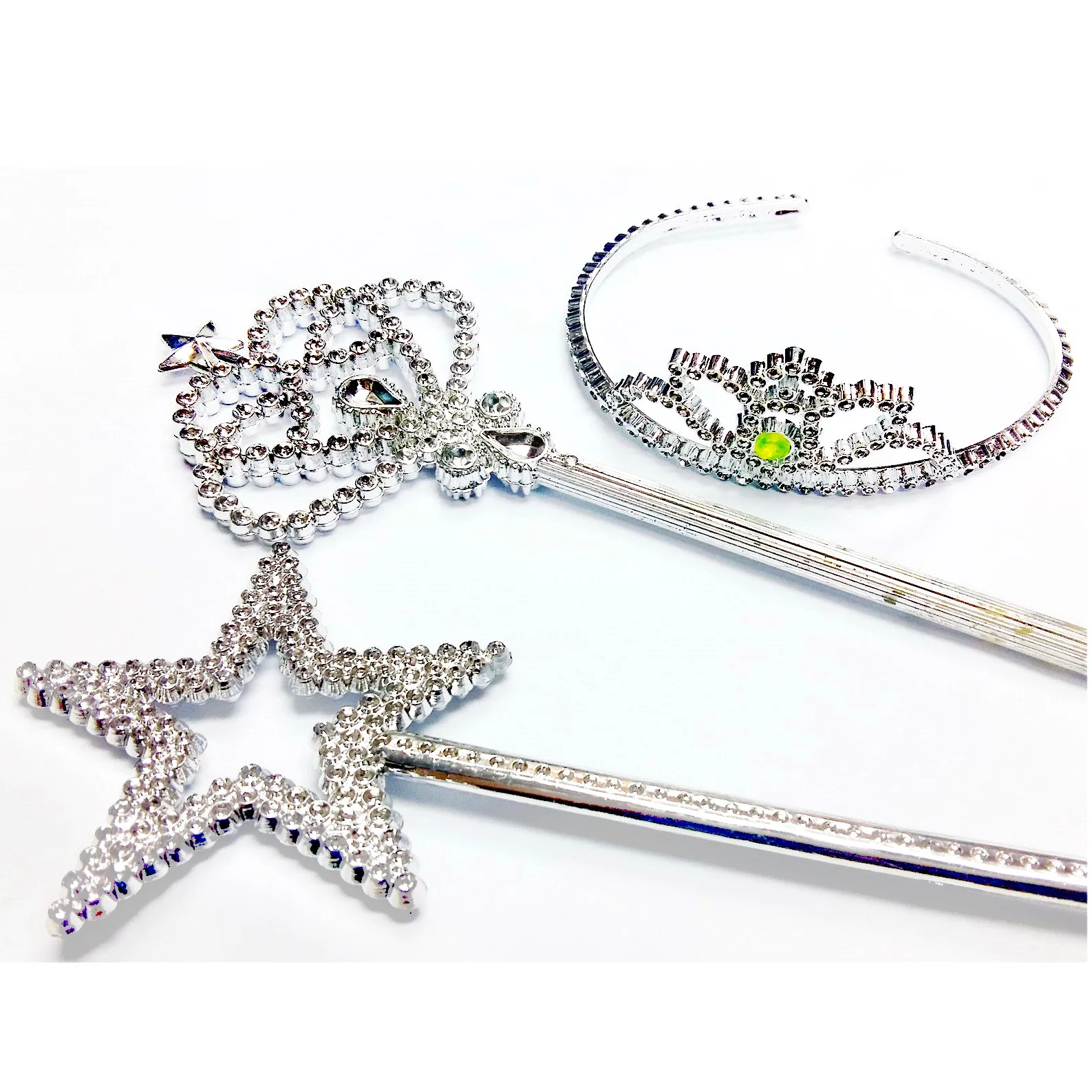 

Set Of Costume Fairy Princess Queen SILVER Magic Wand Scepter Crown Tiara Bridal Christmas Birthday Party Favor Dressing Pretend