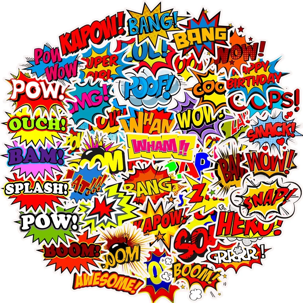 

50pcs Funny Stickers Vinyl Decals BAM POW Wow OMG Aesthetic Graffiti Sticker Bomb Pack Kids Teens Water Bottle Skateboard Bike