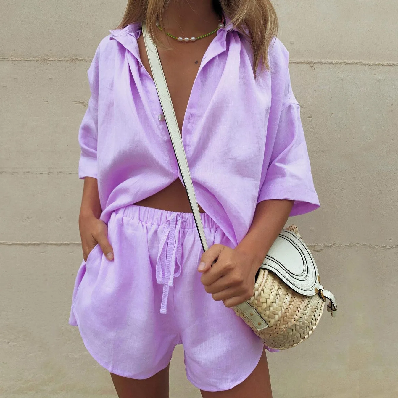 Women purple white Suit 2022 Casual Loose Long Sleeve Shirt Summer Tops And Mini Shorts Fashion Tracksuit Two Piece Set Outfits