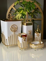 Premium Bathroom Accessories Pcs-Prismatic Gold White Acrylic-Thrash Bin Soap Dispenser and Dish  toilet Brush Toothbrush Cup