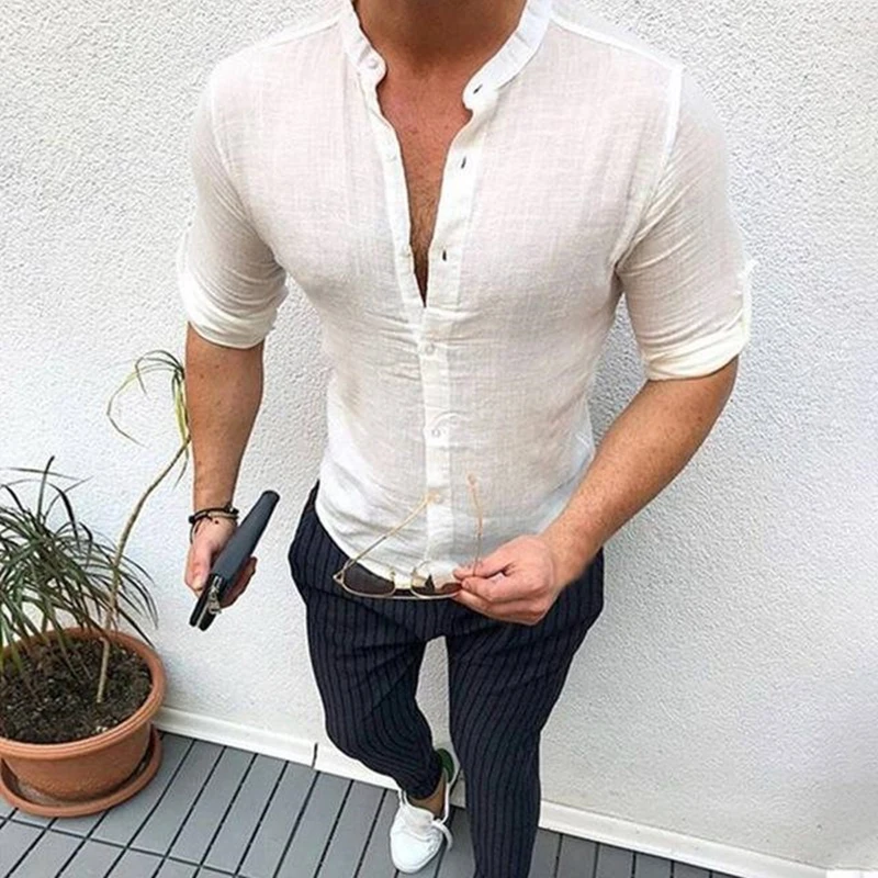 Гавайская Для Мужчин's Повседневное офисные рубашки Slim Fit с длинным рукавом мужская облегающая блуза на пуговицах с белого цвета с V-образным вырезом и черное белье социальная одежда