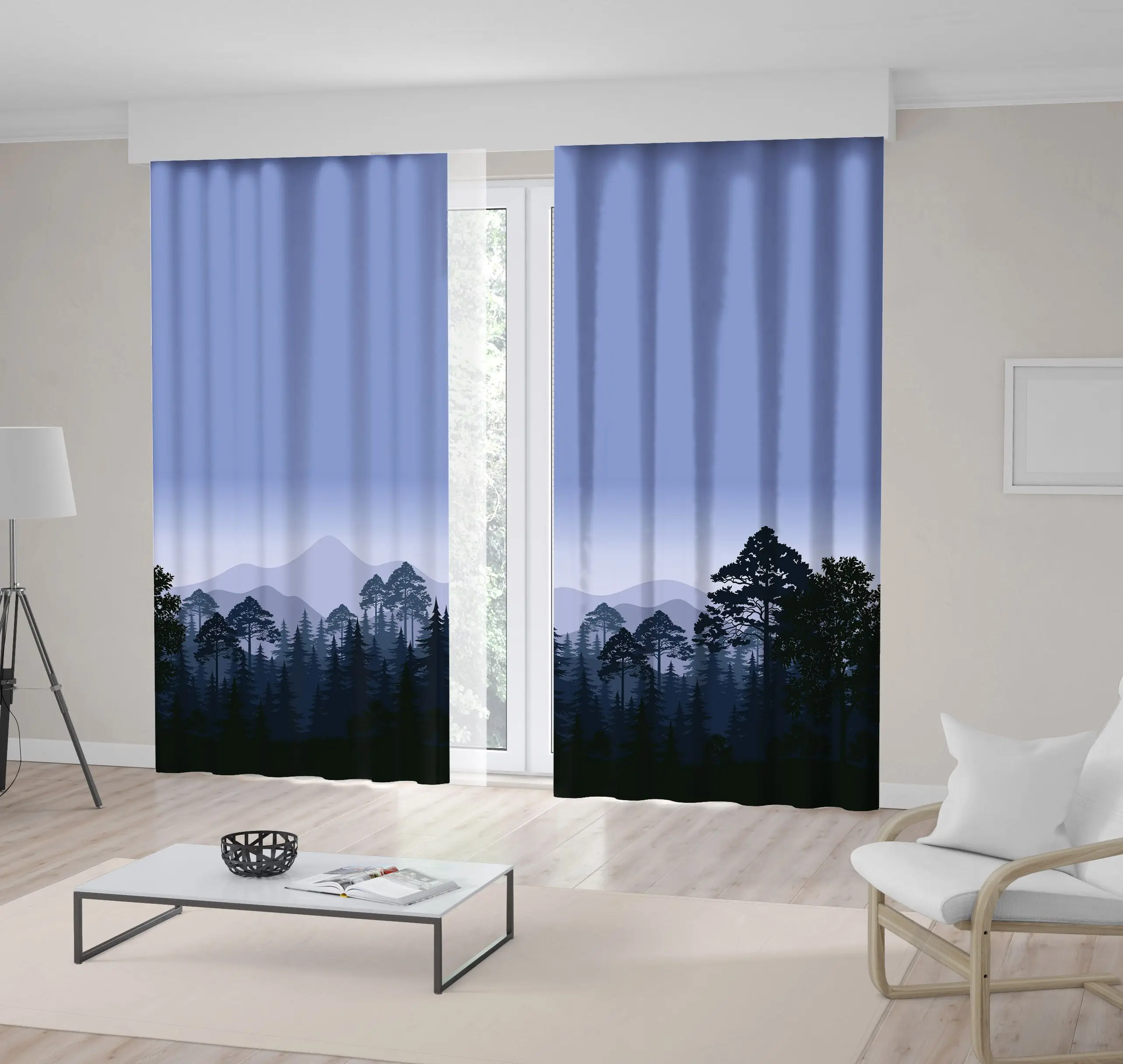 

Curtain Night Forest Horizontal Landscape Trees and Mountains Silhouettes Black and Navy Blue Nature Scenery Printed