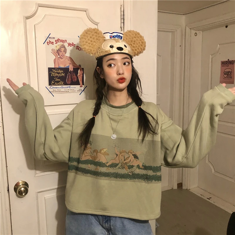 Ангелы мультфильм печати Harajuku Осень и зима толстый женский укороченный свитер корейский стиль свободный негабаритный пуловер