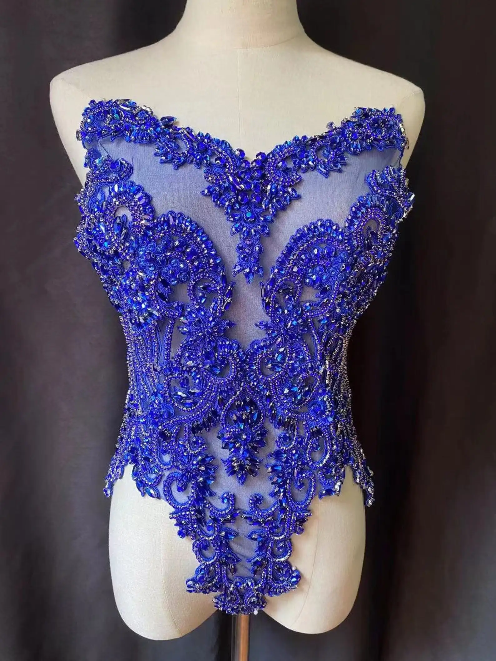 

1 PC Royal Blue Crystal Rhinestone Beaded Bridal Bodice Applique for Wedding Belt Bridal Sash ,Haute Couture Aceessories WK0417