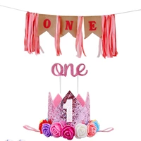 princess 1st birthday party pull flag crown cake insert gradient color dining table chair skirt crown party arrangement