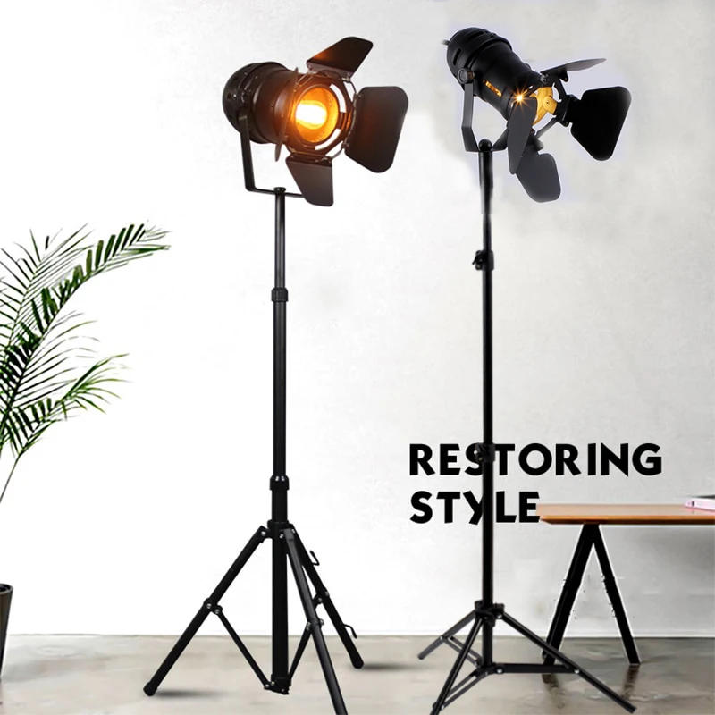 

E27 LED Retro Tripod Single Head Floor Lamp Black Iron Retro Floor Lamp for Photo Studio Bedroom Living Room Advertising Cafe