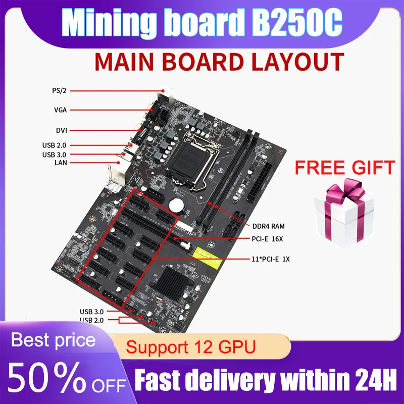 

B250 Mining Motherboard Expert 12 PCIE Miner Rig BTC ETH Mining Motherboard For Asus LGA1151 USB3.0 SATA3 Intel DDR4 Video Card