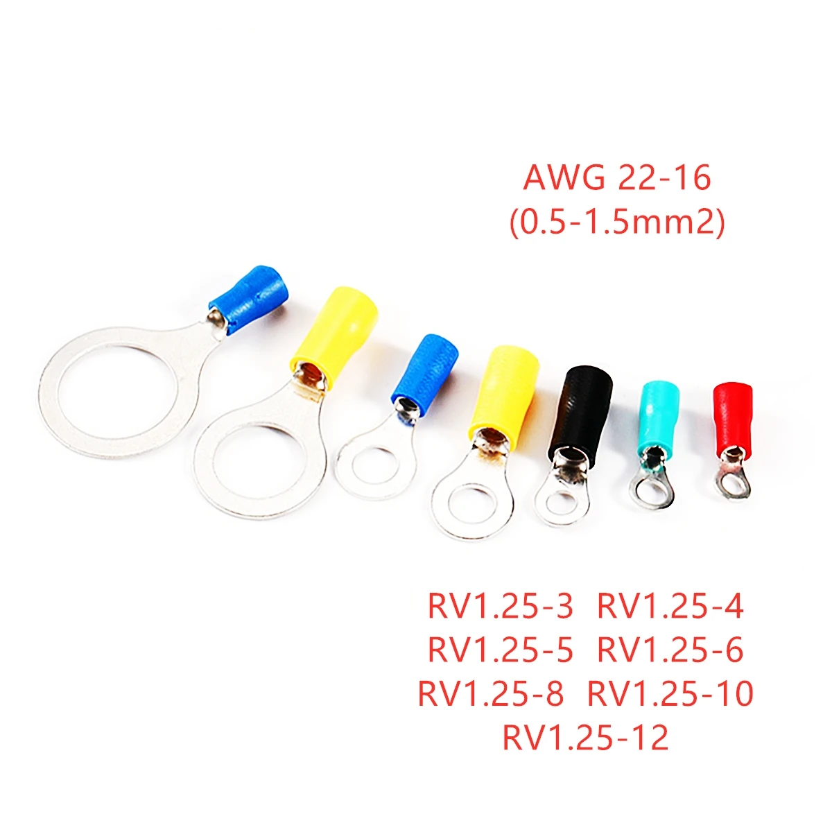 

22-16 AWG 0.5-1.5mm2 Insulated Ring Terminal Connector Red Yellow Blue Green Balck PVC Wire Cable Electrical Crimp Terminal
