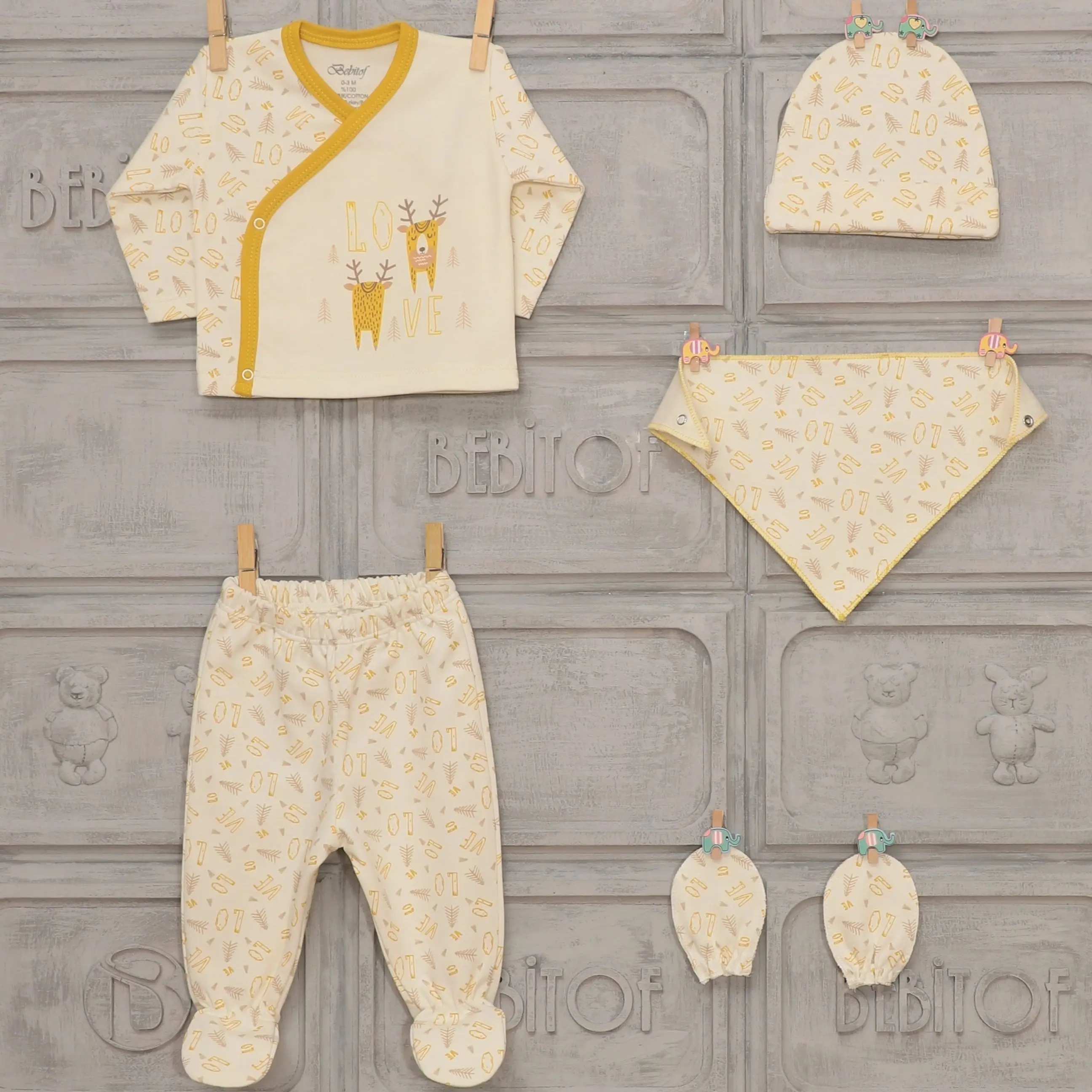 

Baby Rompers Set Girls & Boys 0-3 Months Newborn Clothes 5 Pcs Love Deer Gloves Bodysuit Pant Soft Cotton Types Varieties Models