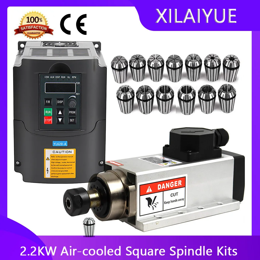 

2.2kw Air-cooled Square Spindle Motor Kit 2200w Spindle +2.2kw 220V Inverter + ER20 Collet Air Spindle Motor Engraving Milling