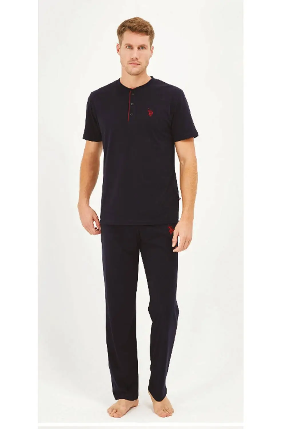 Summer Men's Pajamas Set 3 piece Zero Collar Buttoned Long sleeves and Shorts Side Pockets Cotton Night Sleep Comfortable horse hom