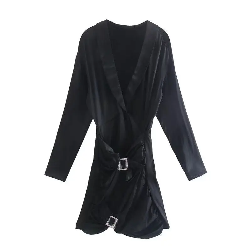 

ZXQJ 2022 женское модное шелковое атласное мини-платье с поясом винтажные женские платья с V-образным вырезом и длинным рукавом Mujer