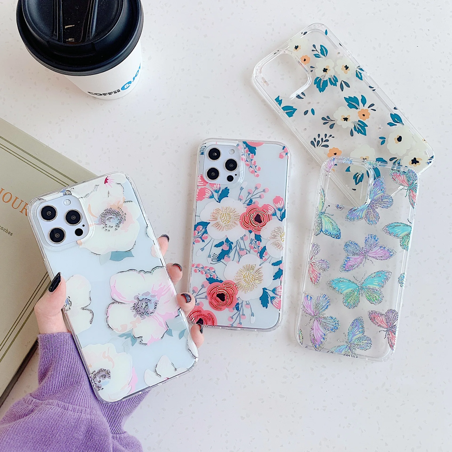 

Glitter Flowers Butterfly Phone Case For iPhone 13 12 11 Pro Max XS Max XR X 8 7 Plus Camera Protection Soft Bumper Funda Capa