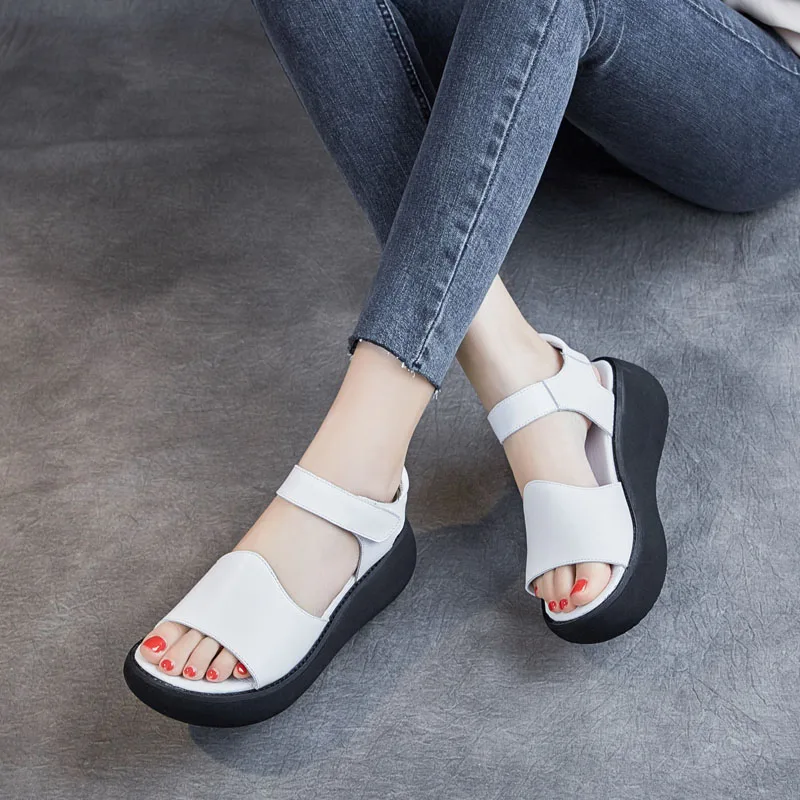 

DRKANOL Handmade Retro Summer Wedges Sandals Women Casual Shoes Peep Toe Platform Genuine Leather Trend Heighten Sandals White