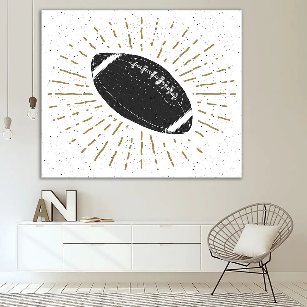 Tapestry Shining Football Rugby Ball Vintage Hand Drawn Sketch Retro Style Art Printed Black White Gold | Дом и сад